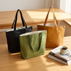 Sac fourre-tout en papier kraft lavable avec logo personnalisé, sac de shopping style rétro - Product Image 1