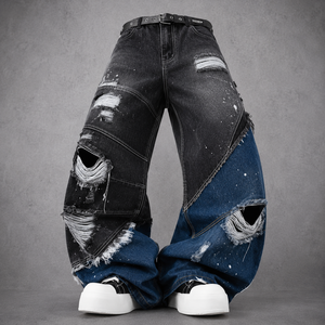 Jeans baggy pour <span class=keywords><strong>homme</strong></span> DiZNEW, déchirés, patchwork, à jambes larges, denim, style hip hop streetwear, effet éclaboussures de peinture - Product Image 1