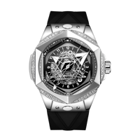 Montre automatique squelette HANBORO pour homme, avec lunette sertie de diamants, mouvement mécanique, bracelet à dégagement rapide, style hip-hop, idéale pour les soirées.