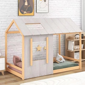Lit Maison Montessori Moderne en Bois Massif pour Enfants, Lit au Sol pour Tout-Petits avec Toit Gris et Porte Coulissante - Vente en Gros - Product Image 5