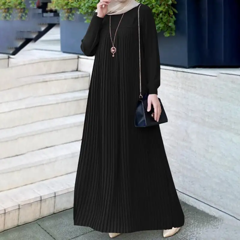 Wholesale Dubai Abaya Muslim Style Arab Pleated Dress Simple Solid Color Long Sleeve Pleated Design Muslim Dress