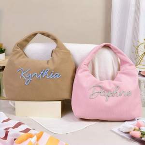Personalized Corduroy Tote Bag, Embroidered Name Handbag, Custom Travel Shoulder Bag with Zipper, Mother's Day, <b>Bridesmaid</b> <b>Gift</b> - Product Image 4