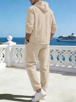 Ensemble de survêtement décontracté 2 pièces en lin pour homme, coupe ample, avec capuche Henley et pantalon à cordon, léger, idéal pour les vacances d'été à la plage (OEM/ODM)