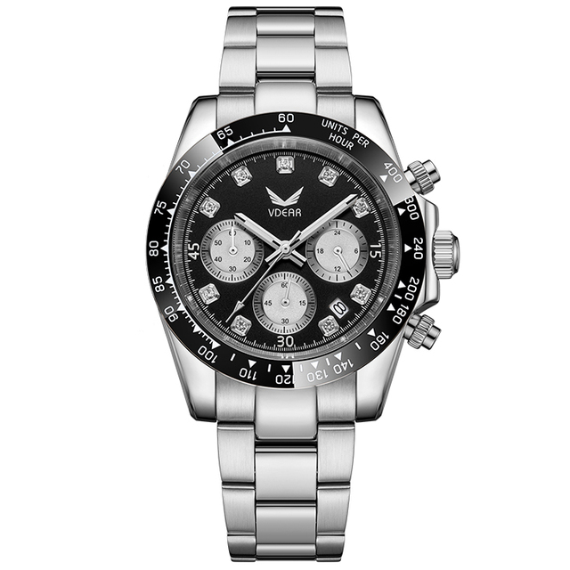 Oem Waterproof Luminous Fashion Diamond Chronograph Multi-Time Zone Stainless Steel Black Watch Men Luxury Custom Quartz Watches