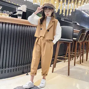 2024 Spring Long Sleeved White Shirt Khaki Vest + Pants 3 pcs Set Black Outfit Set for Teenager Girls 5-15 Years