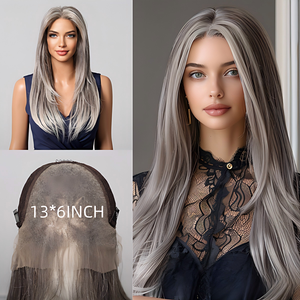 Nouvelle Arrivée Perruque Lace Front Blonde Platine Ombrée Raie Centrale Cheveux Longs Lisses <span class=keywords><strong>Fibre</strong></span> Japonaise Flatterante pour le Visage Idéale pour Usage Quotidien - Product Image 4