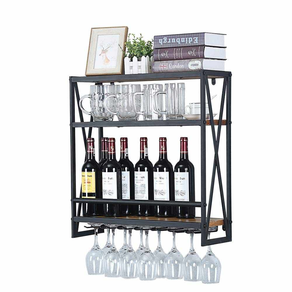 2021 Jiahe Fabbricazione Rustico In Acciaio Impilabile Appeso Bottiglia di Vetro di Vino di Legno Mensola di Immagazzinaggio Del Supporto A Parete Cremagliera del Vino del Metallo