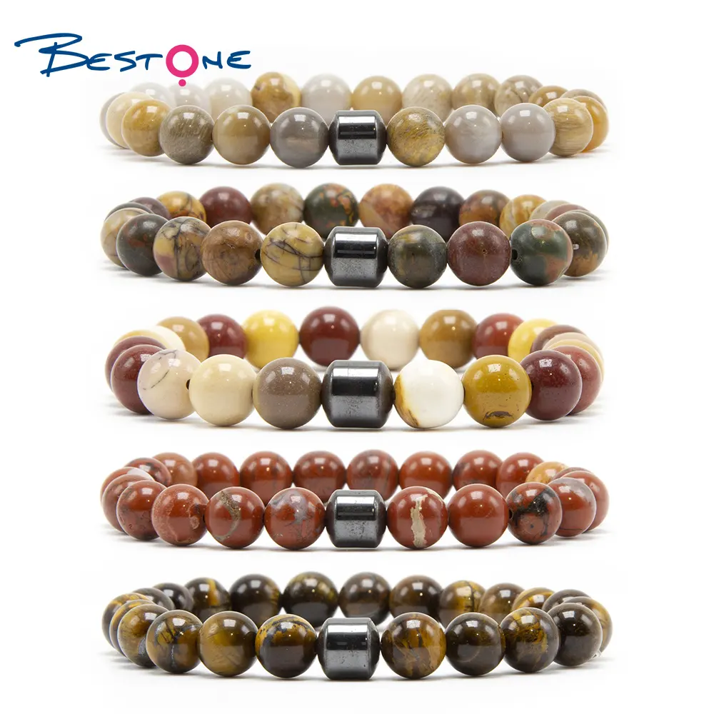 Wholesale Healing Stone Beads Bracelet Natural Gemstone Picasso Jasper and Magnetic Hematite Jade Bracelet
