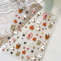 Autocollants pour ongles Halloween en relief motif dessin animé, adorables citrouilles 3D et fantômes roses, pour enfants, autocollants adhésifs pour manucure, vente en gros