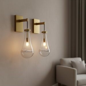 Set di due applique da parete moderne in ottone con paralumi in vetro a goccia, illuminazione per interni, luce da toeletta per soggiorno, E26 LED 2700K bianco caldo - Product Image 2