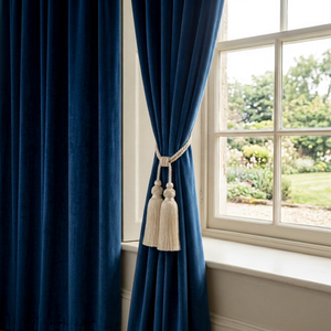 Classic Navy Blue Velvet <b>Curtain</b> Tiebacks with Cream Tassel Accents for Living Room Decor - Product Image 1
