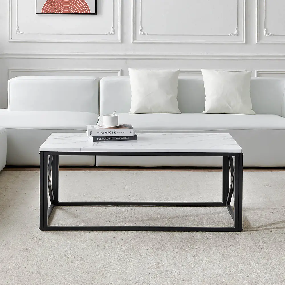 Modern Sturdy Rectangle Center Table Black Metal Frame With Marble Color Coffee Table
