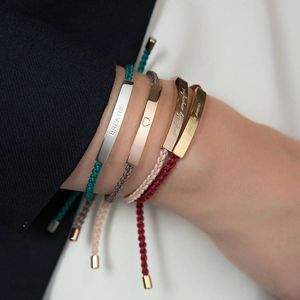 מותאם אישית טקסט הצהרת תכשיטי 18K זהב מצופה בר חקוק מתכוונן צבעוני קלוע חבל צמיד עבור זוג - Product Image 6