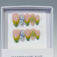 961-965 Kuku Palsu Buatan Tangan 10pcs Bahan Press-On Desain Almond Model Modis Ukiran Bunga Kustom untuk Jari