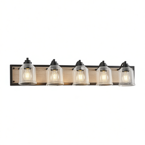 Applique murale industrielle moderne à 5 lumières pour salle de bain, 40 pouces, avec abat-jour en verre grainé transparent, lumière blanc chaud - Product Image 1