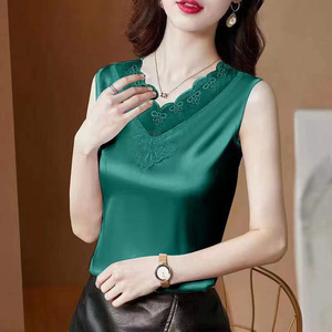 Women's Sleeveless Satin Camisole V-Neck <b>Lace</b> Inner Top Summer Solid Color Micro-<b>Elastic</b> Base Layer Tank Top - Product Image 2