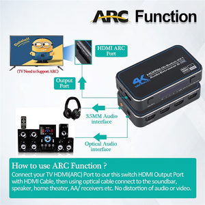 Commutateur <span class=keywords><strong>HDMI</strong></span> 2.0b 4 ports <span class=keywords><strong>4K</strong></span> 60Hz, boîtier de commutation HDMI2.0, 4 entrées 1 sortie avec sortie audio optique 3,5 mm, extracteur audio à distance, <span class=keywords><strong>ARC</strong></span> HDCP2.2 - Product Image 4