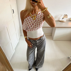 C1469 estate donna stile retrò a pois Sexy spalla singola <span class=keywords><strong>Top</strong></span> corto da donna - Product Image 6