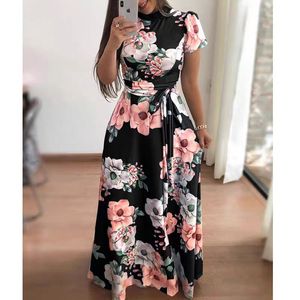 Vestido Largo de Verano para <span class=keywords><strong>Mujer</strong></span> 2026, Manga Larga/Corta, Estampado Floral, Cuello Alto, <span class=keywords><strong>Cinturón</strong></span>, Elegante, Casual, Tallas Grandes - Product Image 1