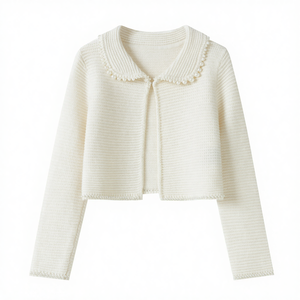 Nuovo <span class=keywords><strong>Cardigan</strong></span> Corto <span class=keywords><strong>Bianco</strong></span> da <span class=keywords><strong>Donna</strong></span> 2026 - Colletto Peter Pan con Perle, Maglia Dolce e Corta - Product Image 1