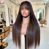 Perruque en cheveux humains vierges vietnamiens bruts, lisses et raides, avec frange, sans colle, prête à porter, avec closure en dentelle transparente