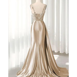 Abiti da ballo in raso con scollo a V lunghi <span class=keywords><strong>abito</strong></span> da sera in pizzo a sirena con spacco plissettato <span class=keywords><strong>abito</strong></span> formale con coda - Product Image 2