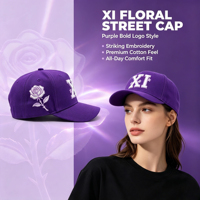Topi Baseball Hip Hop Harian Outdoor Unisex Vintage Ungu Bordir 3D XI & Pola Mawar Model Terstruktur