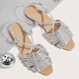 Gold Woven Strappy <b>Heeled</b> Sandals Women <b>Open</b> <b>Toe</b> Backless Slides With Braided Detail For Beach Party Summer Wear - Product Image 2