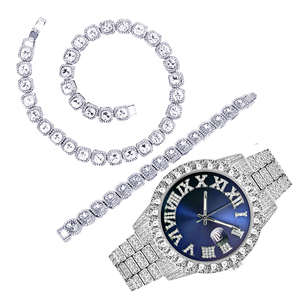 Set 3 in 1 Orologio Iced Out con Diamanti e Bracciale per <span class=keywords><strong>Uomo</strong></span> Orologi da Polso Dorati Set di Gioielli - Product Image 4