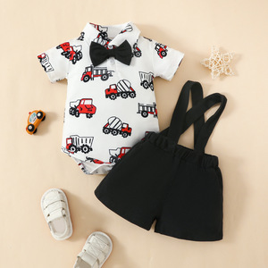 Para <span class=keywords><strong>Amazon</strong></span> Cute Baby Boy Gentleman Bow Tie Truck Top Shorts Verano Algodón Manga corta Top Pantalones Cierre <span class=keywords><strong>de</strong></span> botón a presión Animal ODM - Product Image 1