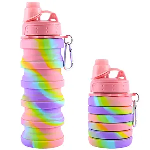Penjualan terlaris grosir disesuaikan warna campuran pelangi silikon luar ruangan botol air dilipat untuk anak-anak siswa dewasa
