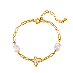 INS Popular Geometric Butterfly Moon Personality 18k Gold Stainless Steel Pearl Adjustable Bracelet