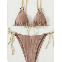 Ensemble bikini côtelé 2 pièces pour femme, motif écaille de tortue, avec anneau, dos et côtés à nouer, bretelles réglables, pour la plage estivale