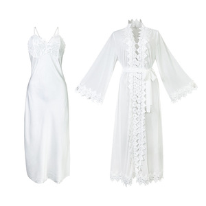 Set di Lingerie da Sposa <span class=keywords><strong>in</strong></span> Raso con Bordo <span class=keywords><strong>in</strong></span> Pizzo <span class=keywords><strong>Bianco</strong></span>, Vestaglia Lunga <span class=keywords><strong>in</strong></span> Chiffon Trasparente con Sottoveste, Abbigliamento da Notte per la Notte di Nozze - Product Image 6