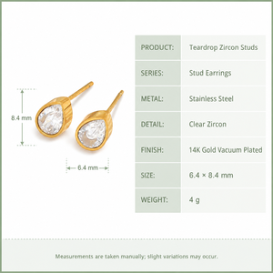 Boucles d'oreilles clous en zircon transparent en forme de goutte d'eau, en acier inoxydable plaqué or 14 carats sous vide, serties clos, bijoux minimalistes - Product Image 3
