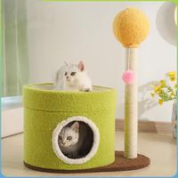 Lit pour chat en velours Teddy à 2 niveaux en forme de château avec griffoir en sisal naturel, jouet pompon, arbre à chat d'intérieur peu encombrant