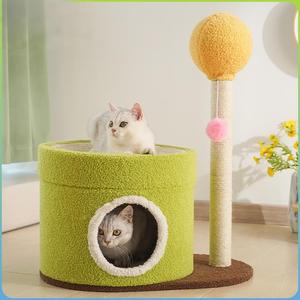 Lit pour chat en velours Teddy à 2 niveaux en forme de château avec griffoir en sisal naturel, jouet pompon, arbre à chat d'intérieur peu encombrant - Product Image 2