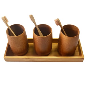 Bamboo Toothbrush Cup Set Three Piece Round Eco Friendly Bathroom Accessories - Product Image 5