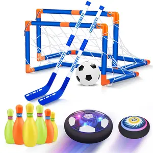 Kids Boys Girls 3-in-1 Indoor Outdoor Toys LED Soccer Hockey Bowling Kit Hover Soccer Ball Set with 2 Goals