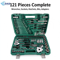 Jeu de clés à douilles à cliquet réversibles 121 pièces 1/4" 3/8" 1/2" en acier CRV, kit d'outils manuels pour réparation automobile, avec coffret de rangement en plastique