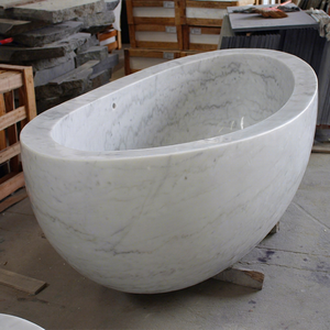 Baignoire autoportante ovale en marbre naturel blanc moderne, conçue par machine CNC, marque OEM, fabriquée en Malaisie - Product Image 1