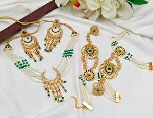 Beau Kundan & Pearl Work Long Collier Dangle Bijoux De Mariage En Cuivre Plaqué Or Avec Mangtika & Boucle D'oreille Femmes - Product Image 2