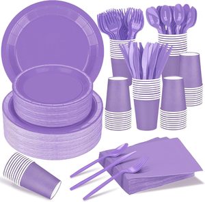 Ensemble de vaisselle jetable pour fête de couleur violette, kit de vaisselle tout-en-un avec assiettes, gobelets, serviettes et couverts pour fête d'anniversaire - Product Image 1