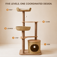 Arbre à chat en rotin personnalisé, tour multi-niveaux pour chat avec paniers en osier et poteaux à gratter en sisal, fabricant OEM ODM