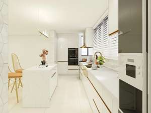 Armoires de cuisine modernes en contreplaqué, armoires blanches à finition brillante avec plan de travail en marbre - Product Image 2