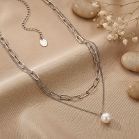 Collar de Cadena con Clip de Doble Capa y Colgante de Perla, Acero Inoxidable 316L, Oro 18K PVD, Hipoalergénico para Mujer