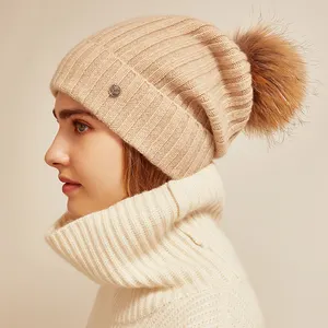 Inner Mongolian 100% <strong>Cashmere</strong> Hat <strong>Women</strong> <strong>Beanie</strong> With Fur Ball Pom - Product Image 4