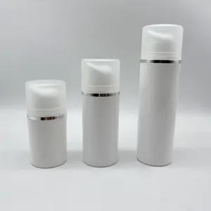 Kozmetik beyaz pp havasız serum pompa şişesi 15ml/ 30ml 50ml gümüş bant havasız pompa şişesi buzlu kapaklı