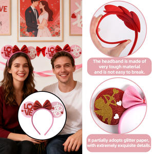 Serre-tête de luxe en forme de cœur rose scintillant pour la Saint-Valentin, décoration de mariage, nœud rond, accessoire pour les oreilles, vente en gros - Product Image 4
