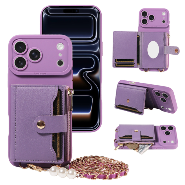 Crossbody Fashion PU Leather Wallet Phone Case for iPhone 17 16 15 Card Holder Phone Case With Pearl Chain